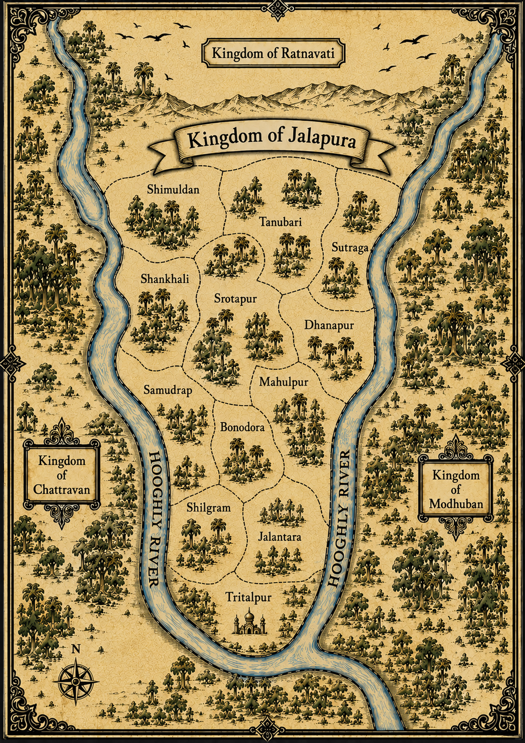 The Official Map of the Kingdom of Jalapura — featuring the Hooghly River, neighboring kingdoms of Ratnavati, Chattravan, and Modhuban, and villages including Tritalpur, Jalantara, Bonodora, Srotapur, and Shankhali.